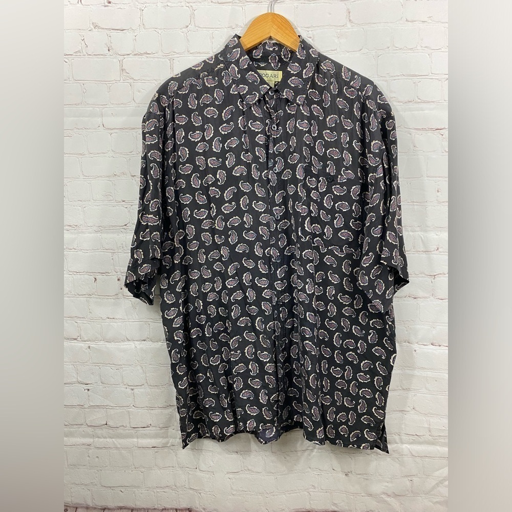 Bogari Mens 100% Silk Shirt Size X-Large Paisley Print Short Sleeve Button Up